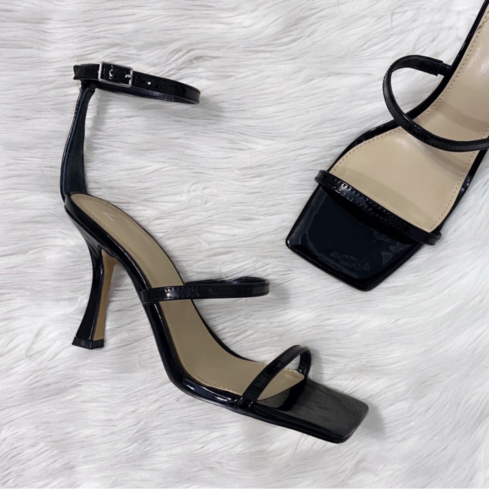 Marc Fisher Black Patent Leather Square Toe Sandal Heels